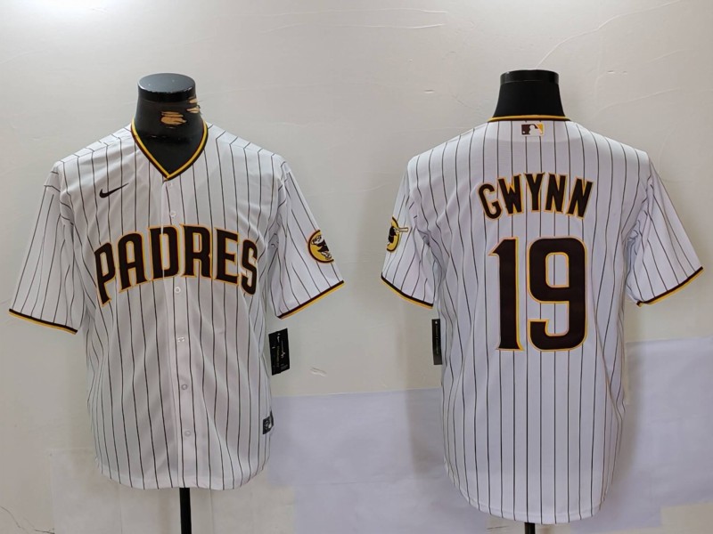 Men's San Diego Padres #19 Tony Gwynn White Team Logo Stitched Cool Base Nike Jersey