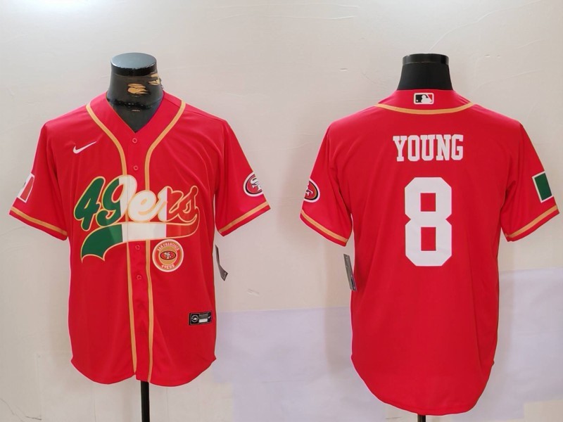 Men's San Francisco 49ers  #8 Steve Young Red With Patch Cool Base Stitched Baseball Jersey 1