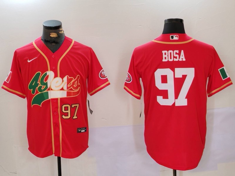 Men's San Francisco 49ers #97 Nick Bosa Red With Patch Cool Base Stitched Baseball Jersey 2