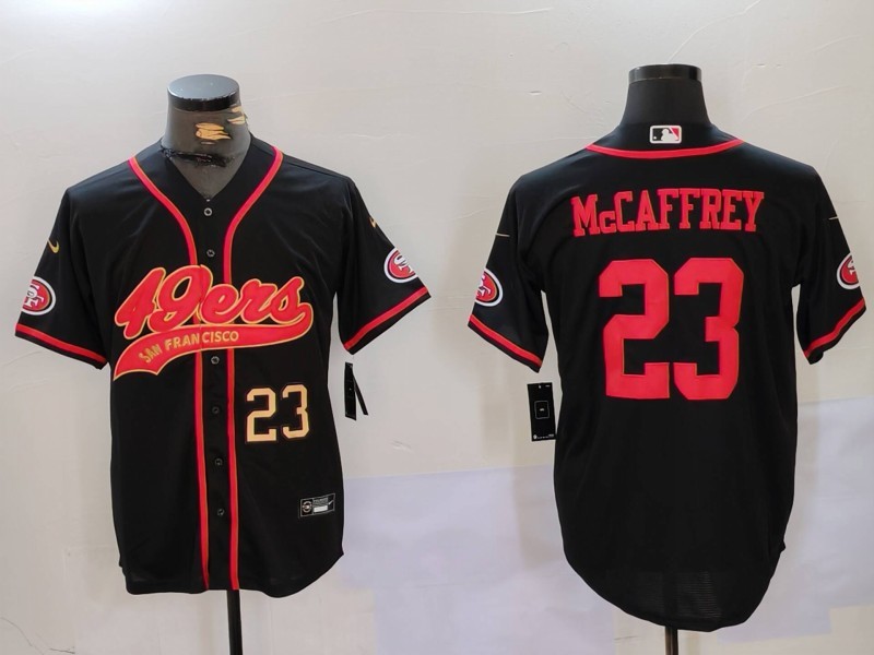 Men's San Francisco 49ers #23 Christian McCaffrey Black With Patch Cool Base Stitched Baseball Jersey