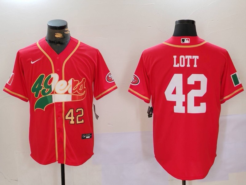 Men's San Francisco 49ers #42 Ronnie Lott Red With Patch Cool Base Stitched Baseball Jersey 3