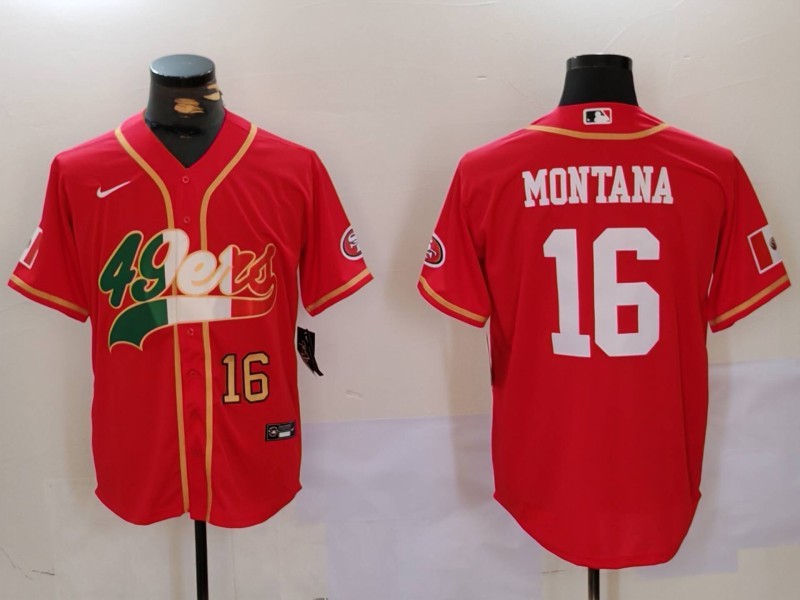 Men's San Francisco 49ers #16 Joe Montana Red With Patch Cool Base Stitched Baseball Jersey 2