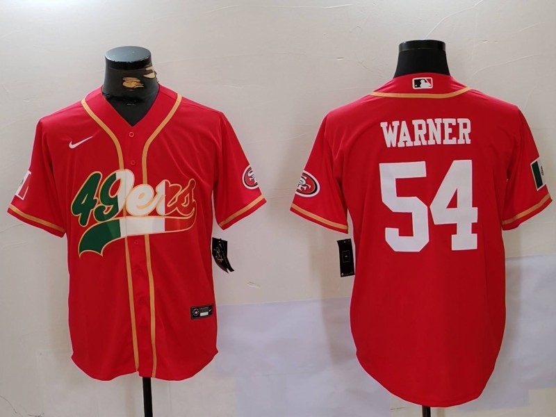 Men's San Francisco 49ers #54 Fred Warner Red With Patch Cool Base Stitched Baseball Jersey 3