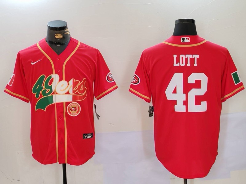 Men's San Francisco 49ers #42 Ronnie Lott Red With Patch Cool Base Stitched Baseball Jersey  2