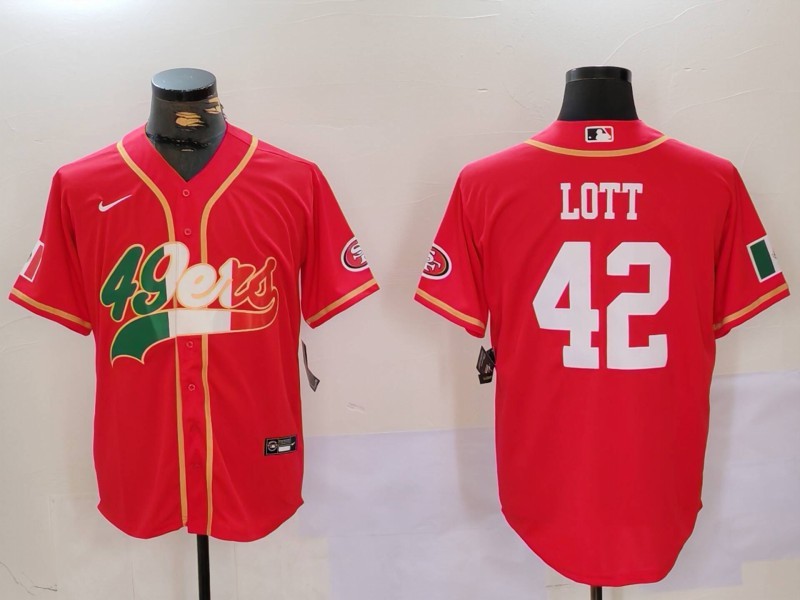 Men's San Francisco 49ers #42 Ronnie Lott Red With Patch Cool Base Stitched Baseball Jersey 1