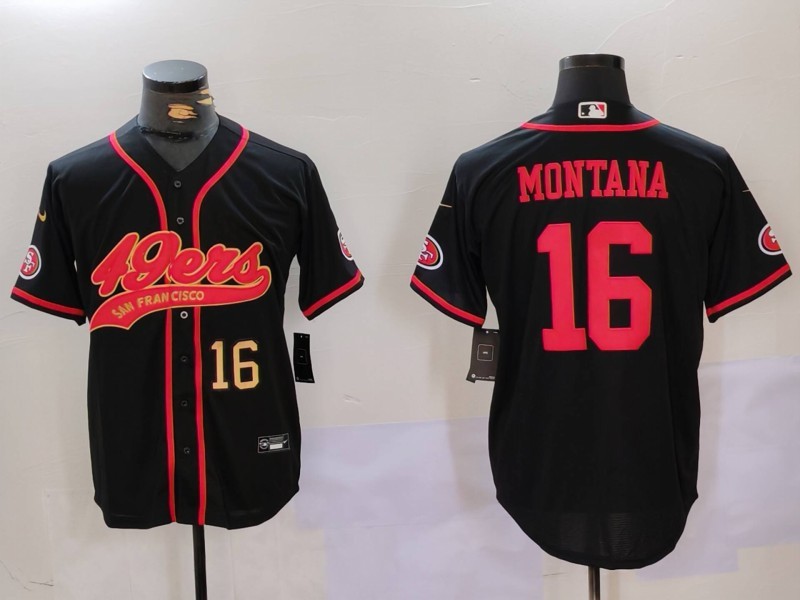 Men's San Francisco 49ers #16 Joe Montana Black With Patch Cool Base Stitched Baseball Jersey 1