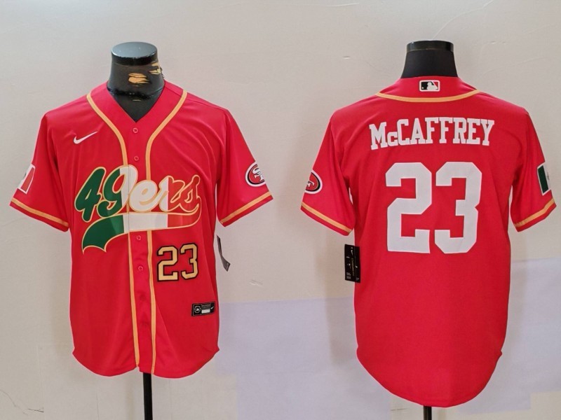 Men's San Francisco 49ers #23 Christian McCaffrey Red With Patch Cool Base Stitched Baseball Jersey