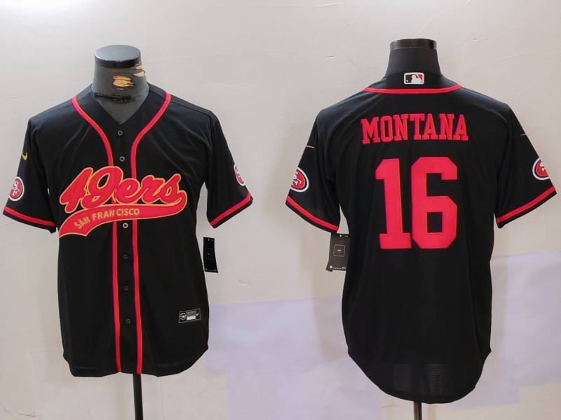 Men's San Francisco 49ers #16 Joe Montana Black With Patch Cool Base Stitched Baseball Jersey