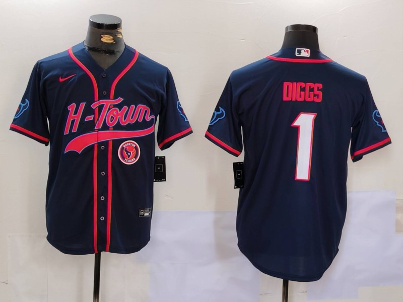 Men's Houston Texans #1 Stefon Diggs Navy With Patch Cool Base Stitched Baseball Jerseys