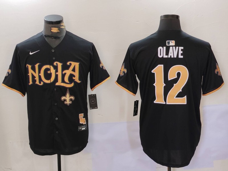 Men's New Orleans Saints #12 Chris Olave Black Cool Base Stitched Baseball Jersey 1