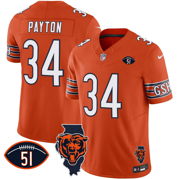 Men's Chicago Bears #34 Walter Payton Orange F.U.S.E. With Illinois and No. 51 Patch Stitched Football Jersey