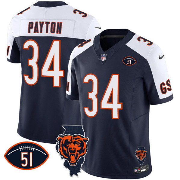 Men's Chicago Bears #34 Walter Payton Navy_White F.U.S.E. With Illinois and No. 51 Patch Stitched Football Jersey