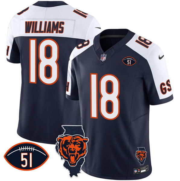 Men's Chicago Bears #18 Caleb Williams Navy_White F.U.S.E. With Illinois and No. 51 Patch Stitched Football Jersey