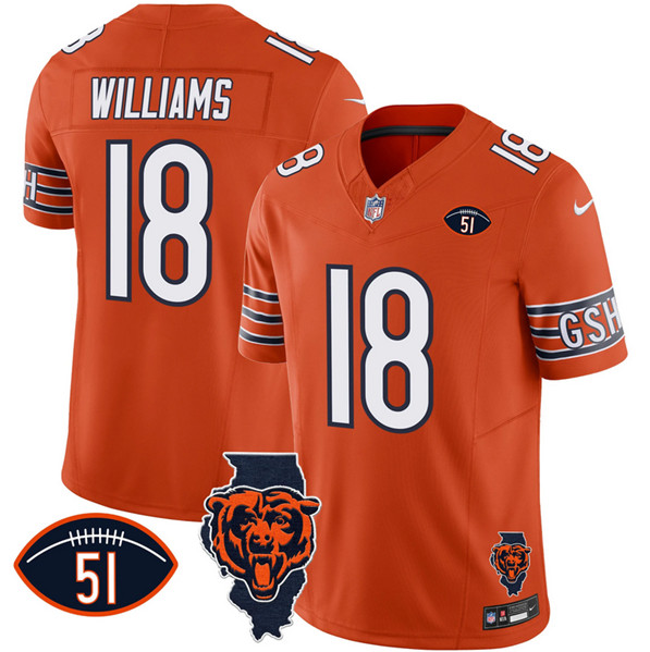 Men's Chicago Bears #18 Caleb Williams Orange F.U.S.E. With Illinois and No. 51 Patch Stitched Football Jersey