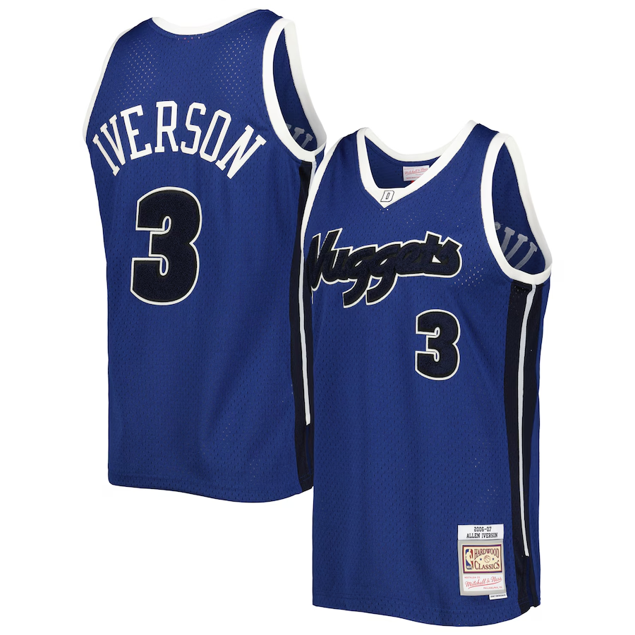 Men's Denver Nuggets #3 Allen lverson Mitchell & Ness Blue Hardwood Classics Off-Court Swingman Jersey