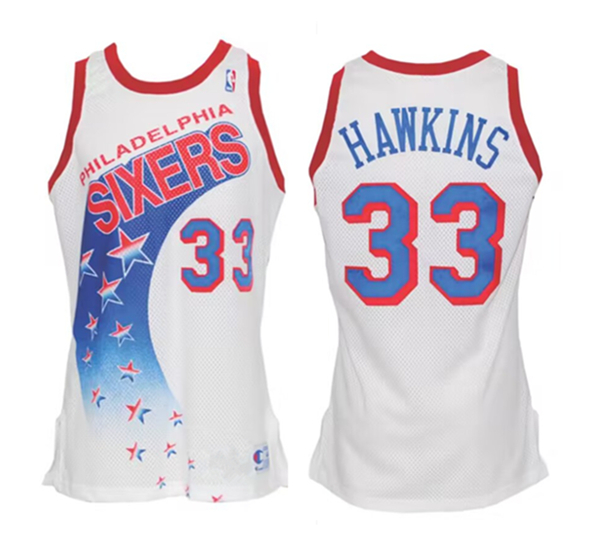 Men's Philadelphia 76ers #33 Hersey Hawkins White 1991-92 Home Stitched Jersey