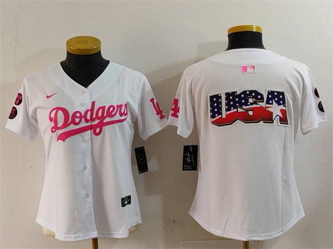 Women's Los Angeles Dodgers Team Big Logo White Pink Vin & Kobe Patch Cool Base Stitched MLB Baseball Jersey(Run Small)