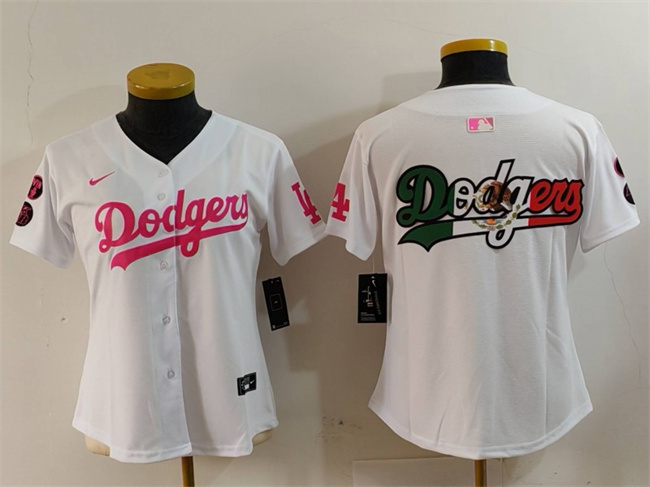 Women's Los Angeles Dodgers Team Big Logo White Pink Vin & Kobe Patch Cool Base Stitched Baseball Jersey(Run Small)