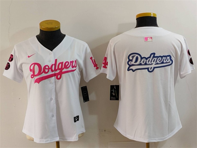 Women's Los Angeles Dodgers Team Big Logo White Pink Vin & Kobe Patch Cool Base MLB Stitched Baseball Jersey(Run Small)