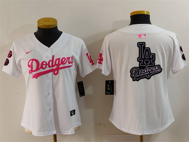 Youth Los Angeles Dodgers Team Big Logo White Pink Vin & Kobe Patch Cool Base Stitched Baseball MLB Jersey