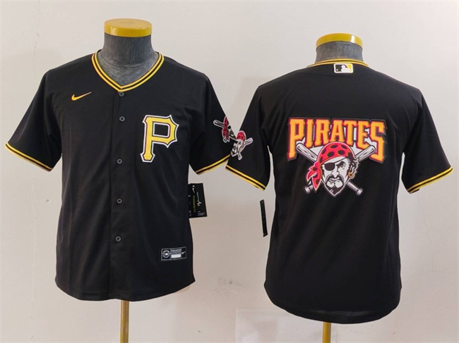 Youth Pittsburgh Pirates Team Big Logo Black Cool Base Stitched Baseball Jersey