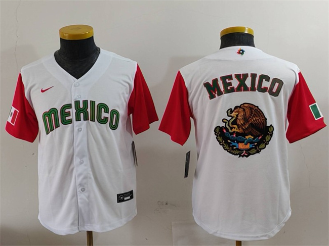 Youth Mexico Baseball 2023 White Red Big Logo World Baseball Classic With Patch Cool Base Stitched Baseball Jersey