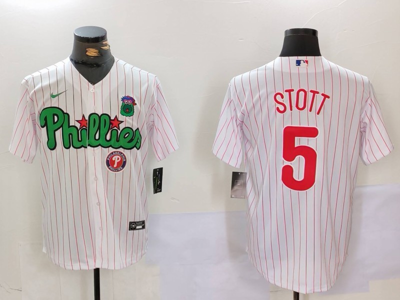 Men's Philadelphia Phillies #5 Bryson Stott White Green Cool Base Stitched Baseball Jersey