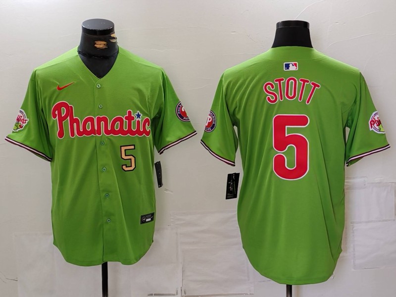 Men's Philadelphia Phillies #5 Bryson Stott Green With Patch Cool Base Stitched Baseball Jerseys