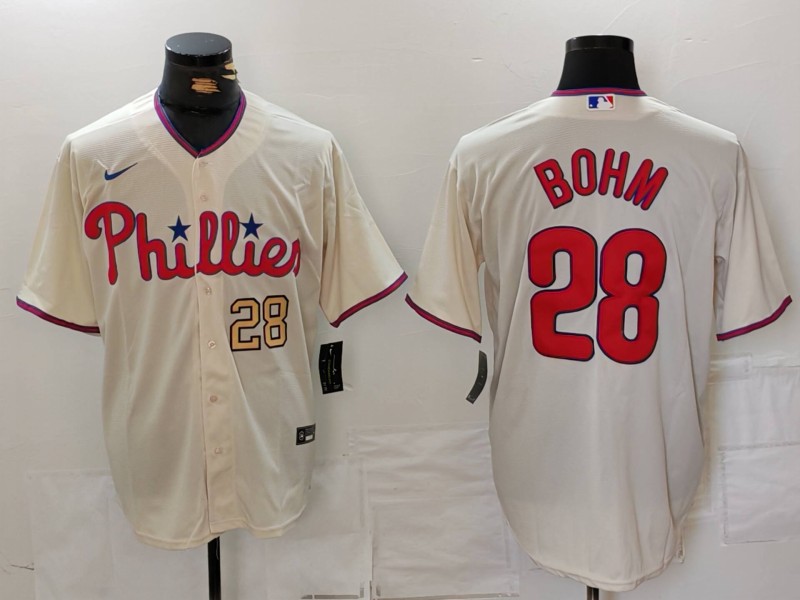 Men's Nike Philadelphia Phillies #28 Alec Bohm Cream Cool Base Stitched Baseball Jerseys