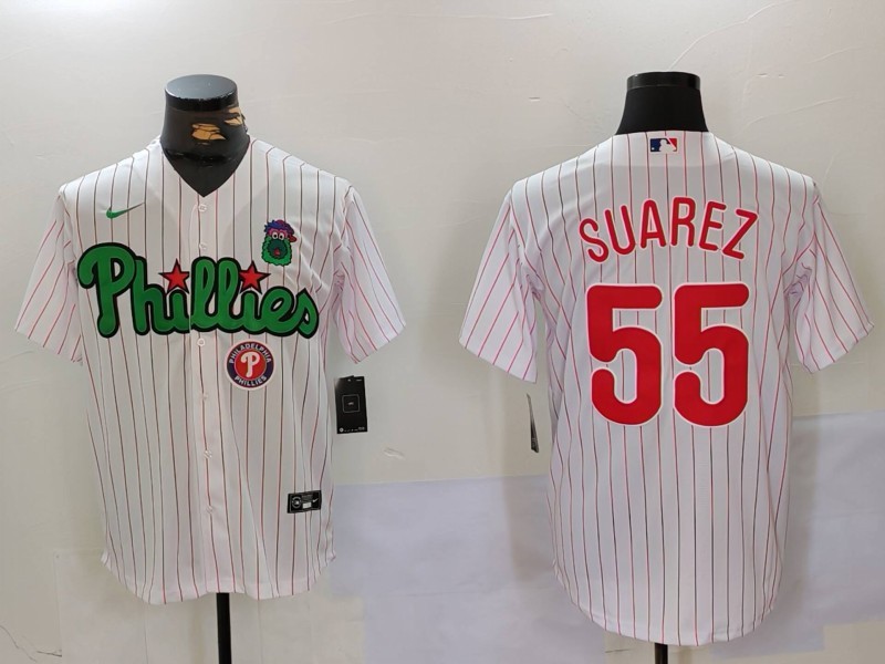 Men's Philadelphia Phillies #55 Ranger Suárez White Green Cool Base Stitched Baseball Jersey