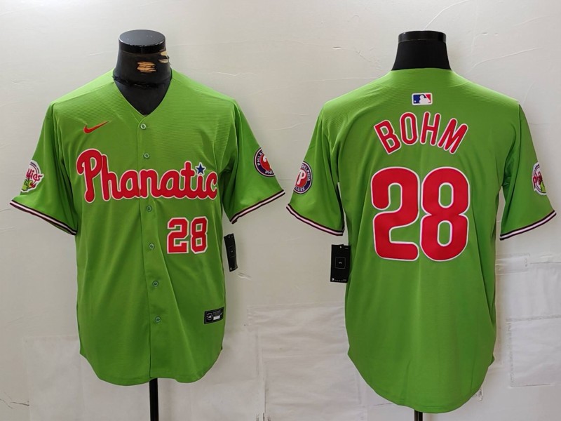 Men's Philadelphia Phillies #28 Alec Bohm Green With Patch Cool Base Stitched Baseball MLB Jersey