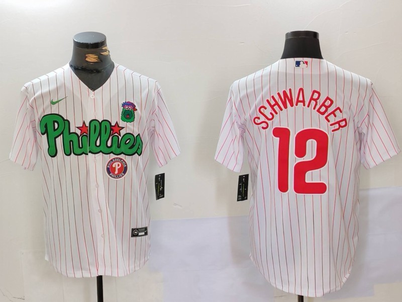 Men's Philadelphia Phillies #12 Kyle Schwarber White Green Cool Base Stitched Baseball Jersey