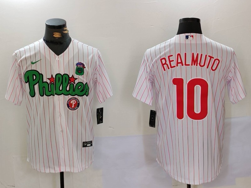 Men's Philadelphia Phillies #10 J.T. Realmuto White Green Cool Base Stitched Baseball Jersey