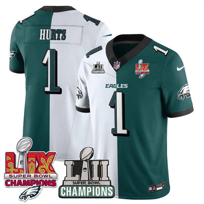 Men's Philadelphia Eagles #1 Jalen Hurts White/Green Split 2025 LII-LIX Super Bowl Champions Patch F.U.S.E. Vapor Untouchable Limited Stitched Football Jersey