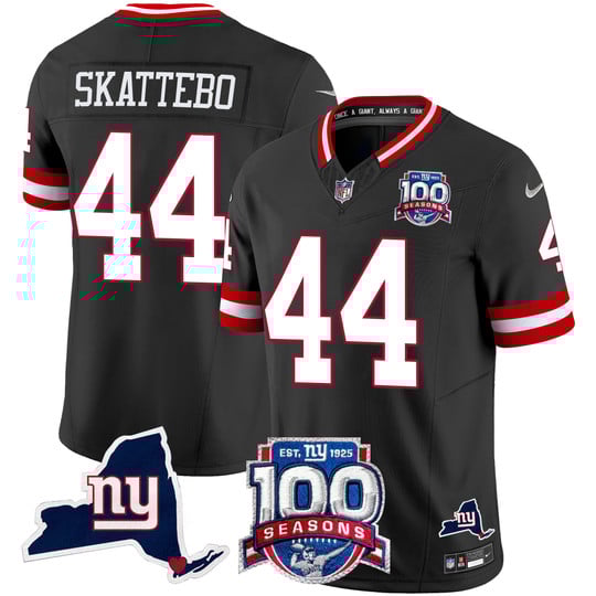 Men's New York Giants #44 Cam Skattebo 2025 Draft Black 100th Season & State Patch Vapor Limited Stitched NFL Jersey
