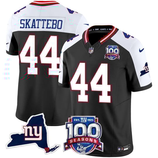 Men's NY Giants #44 Cam Skattebo 2025 Draft 100th Season & State Patch Vapor Limited Stitched NFL Jersey Black Alternate