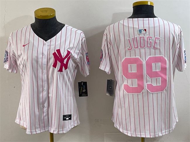 Women's New York Yankees #99 Aaron Judge White Pink Pinstripe Limited Stitched Baseball Jersey