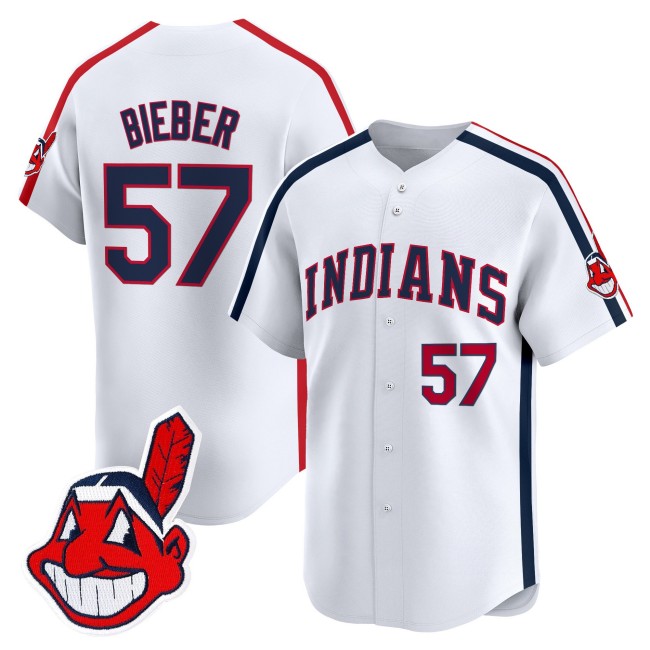 Men's Cleveland Indians #57 Shane Bieber White Ricky 'Wild Thing' Vaughn Limited Jersey