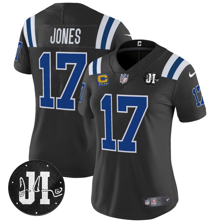 Women's Indianapolis Colts #17 Daniel Jones Black Nike 2025 Jim Irsay Patch Limited Jersey