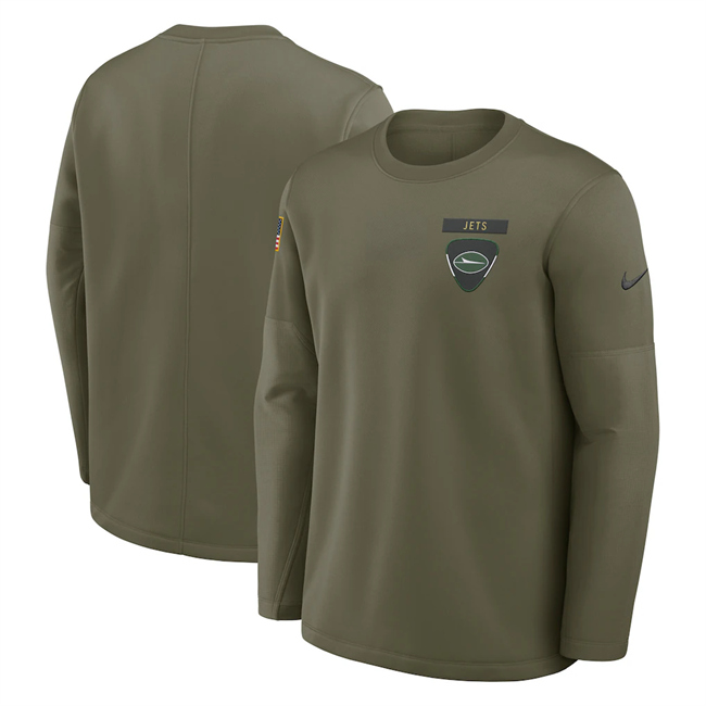 Men's New York Jets Olive 2025 Salute to Service Sideline Coaches Therma-FIT Long Sleeve Shirt