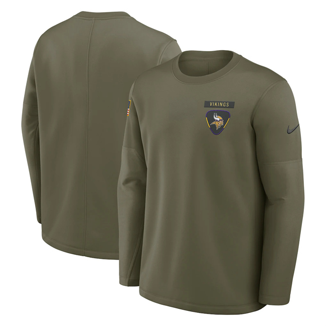 Men's Minnesota Vikings Olive 2025 Salute to Service Sideline Coaches Therma-FIT Long Sleeve Shirt