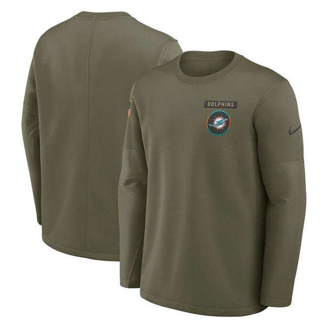 Men's Miami Dolphins Olive 2025 Salute to Service Sideline Coaches Therma-FIT Long Sleeve Shirt