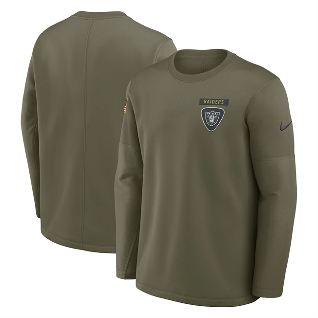 Men's Las Vegas Raiders Olive 2025 Salute to Service Sideline Coaches Therma-FIT Long Sleeve Shirt