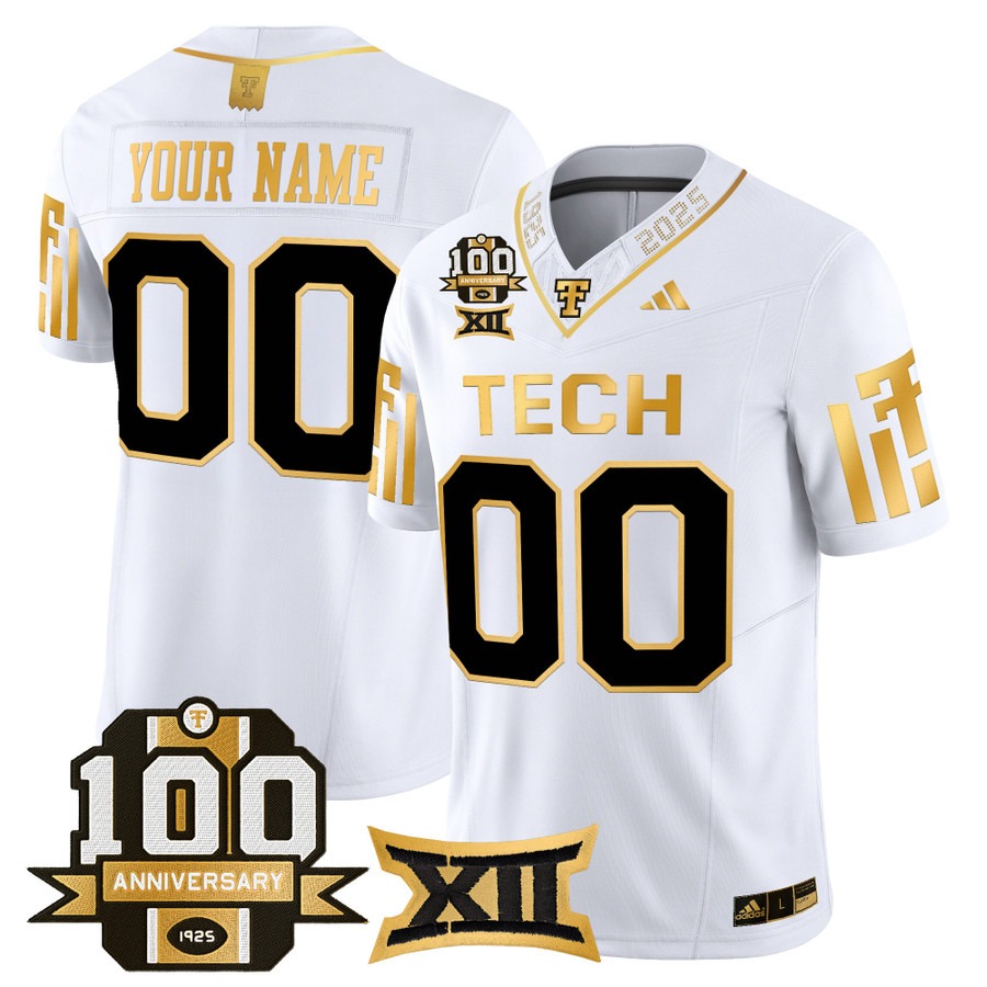 Men's Texas Tech Red Raiders Custom White Gold 100th Anniversary Patch 2025 Vapor F.U.S.E. Limited Stitched Football Jersey Men's Texas Tech Red Raiders Custom White Gold 100th Anniversary Patch 2025 Vapor F.U.S.E. Limited Stitched Football Jersey