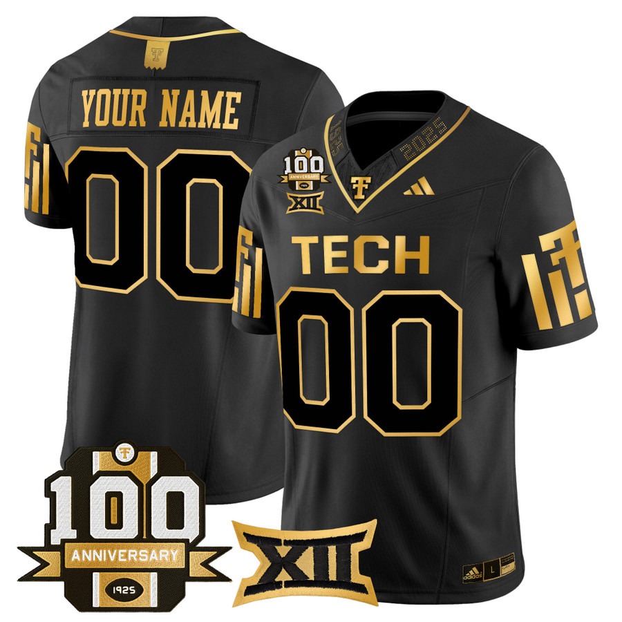 Men's Texas Tech Red Raiders Custom Black Gold 100th Anniversary Patch 2025 Vapor F.U.S.E. Limited Stitched Football Jersey Men's Texas Tech Red Raiders Custom Black Gold 100th Anniversary Patch 2025 Vapor F.U.S.E. Limited Stitched Football Jersey