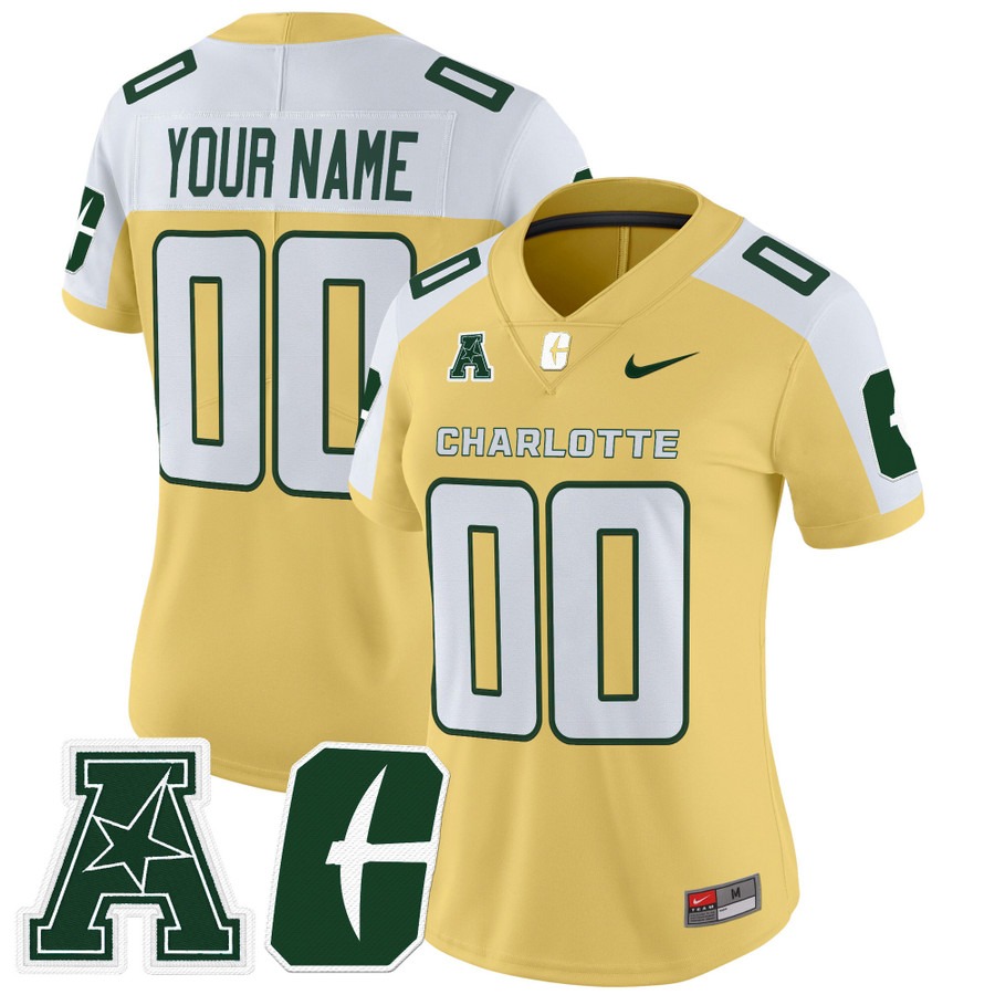 Women's Charlotte 49ers Custom Gold Alternate 2025 Vapor Limited Stitched Football Jersey Women's Charlotte 49ers Custom Gold Alternate 2025 Vapor Limited Stitched Football Jersey