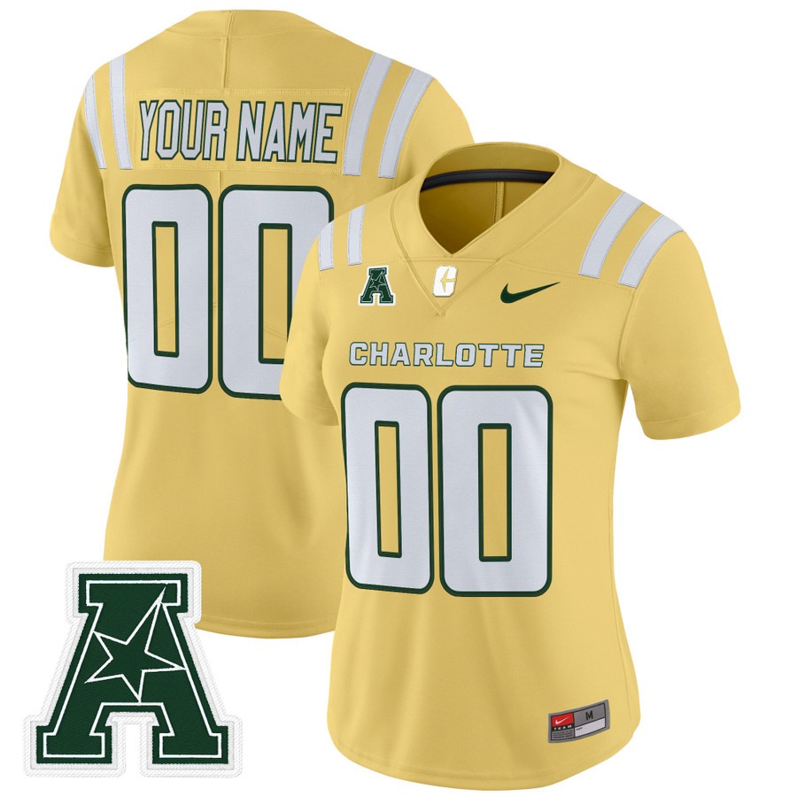 Women's Charlotte 49ers Custom Gold 2025 Vapor Limited Stitched Football Jersey Women's Charlotte 49ers Custom Gold 2025 Vapor Limited Stitched Football Jersey