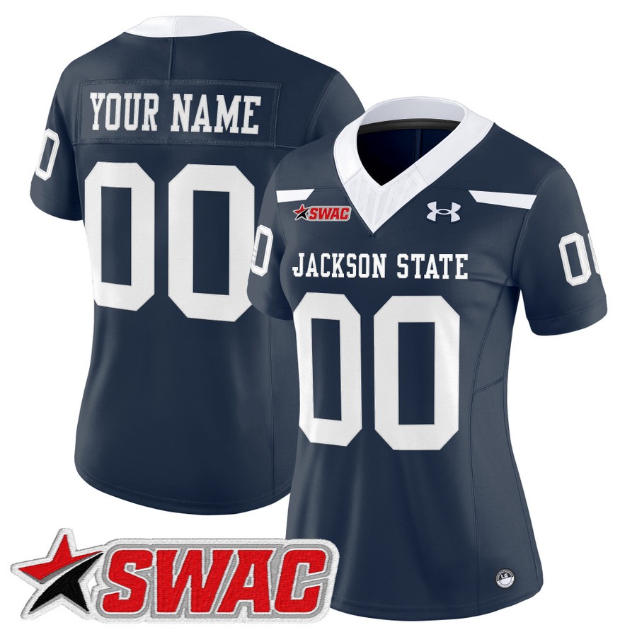 Women's Jackson State Tigers Custom Navy 2025 Vapor F.U.S.E. Limited Stitched Football Jerseys