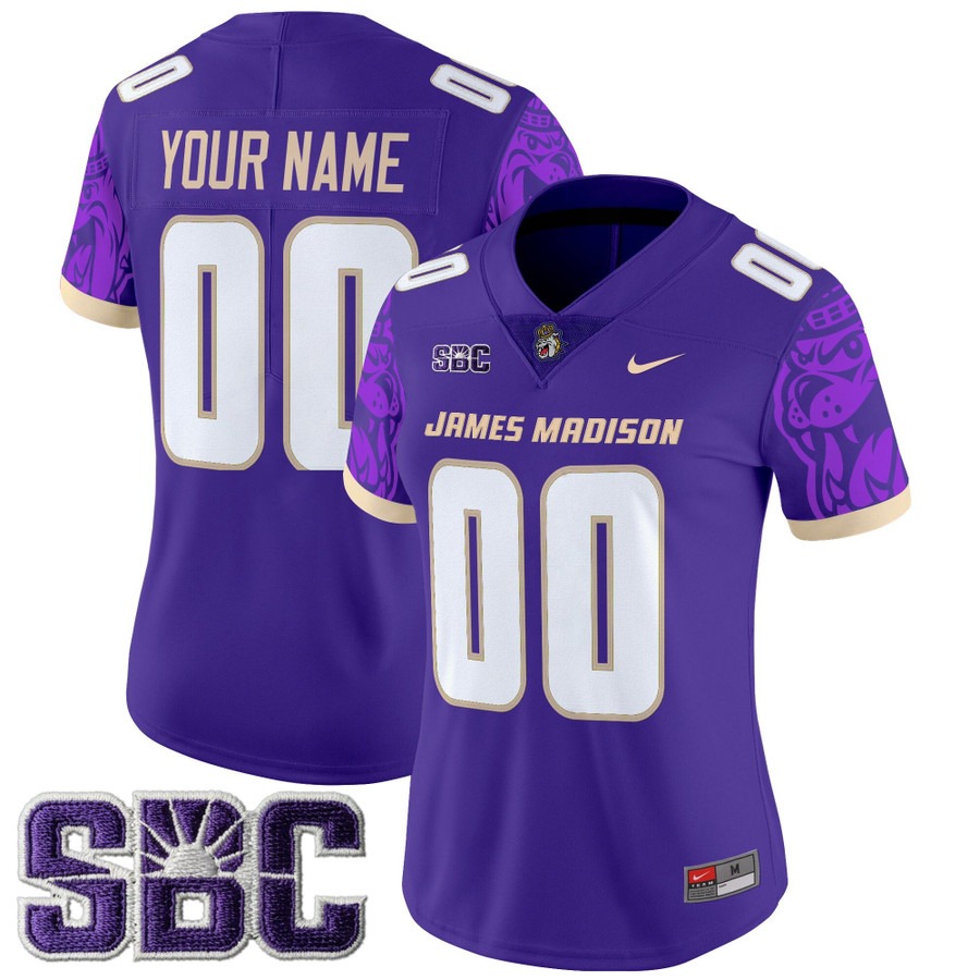 Women's James Madison Dukes Custom Purple 2025 Vapor Limited Stitched Football V2 Jersey Women's James Madison Dukes Custom Purple 2025 Vapor Limited Stitched Football V2 Jersey