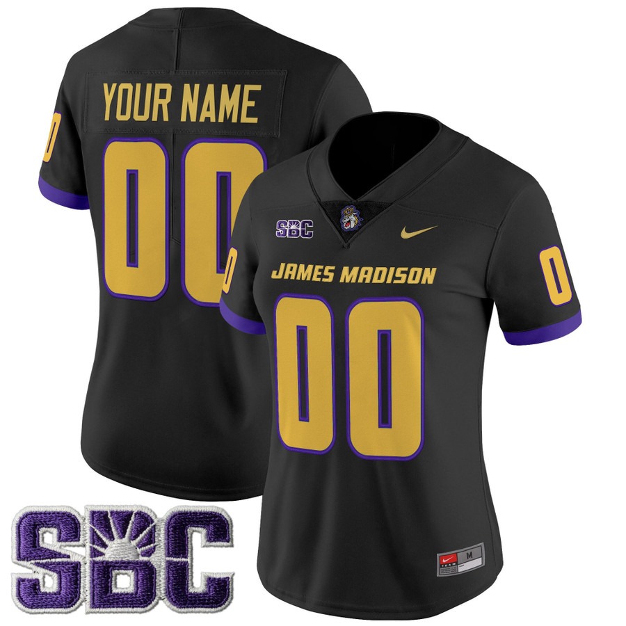 Women's James Madison Dukes Custom Black 2025 Vapor Limited Stitched Football Jersey Women's James Madison Dukes Custom Black 2025 Vapor Limited Stitched Football Jersey